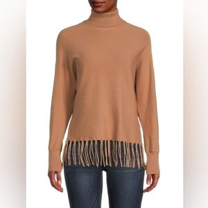Carmen Marc Valvo M Brown Tassel Hem Turtle Neck Sweater